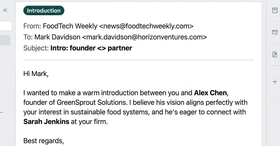 An introduction email sent from FoodTech Weekly to an investor