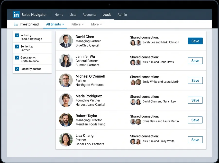 LinkedIn Sales Navigator showing investor leads and the connections you share with them