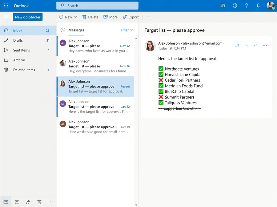 An Outlook message showing the target list reviewed line by line, some approved and some struck out