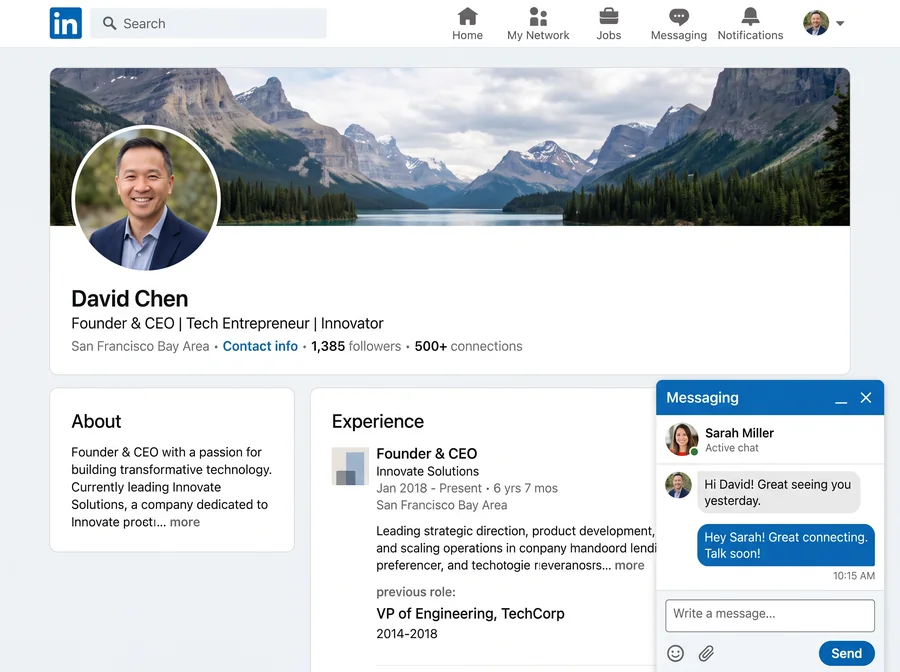 A LinkedIn profile with an open message thread to an investor