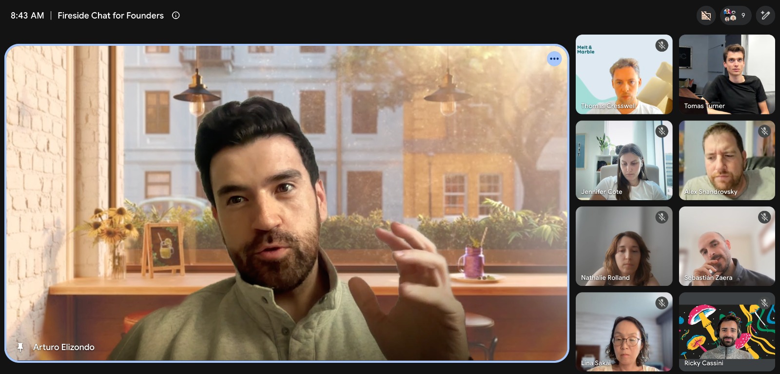 A real Fireside Chat video call with Arturo Elizondo, CEO of The Every Company, and founders in the room