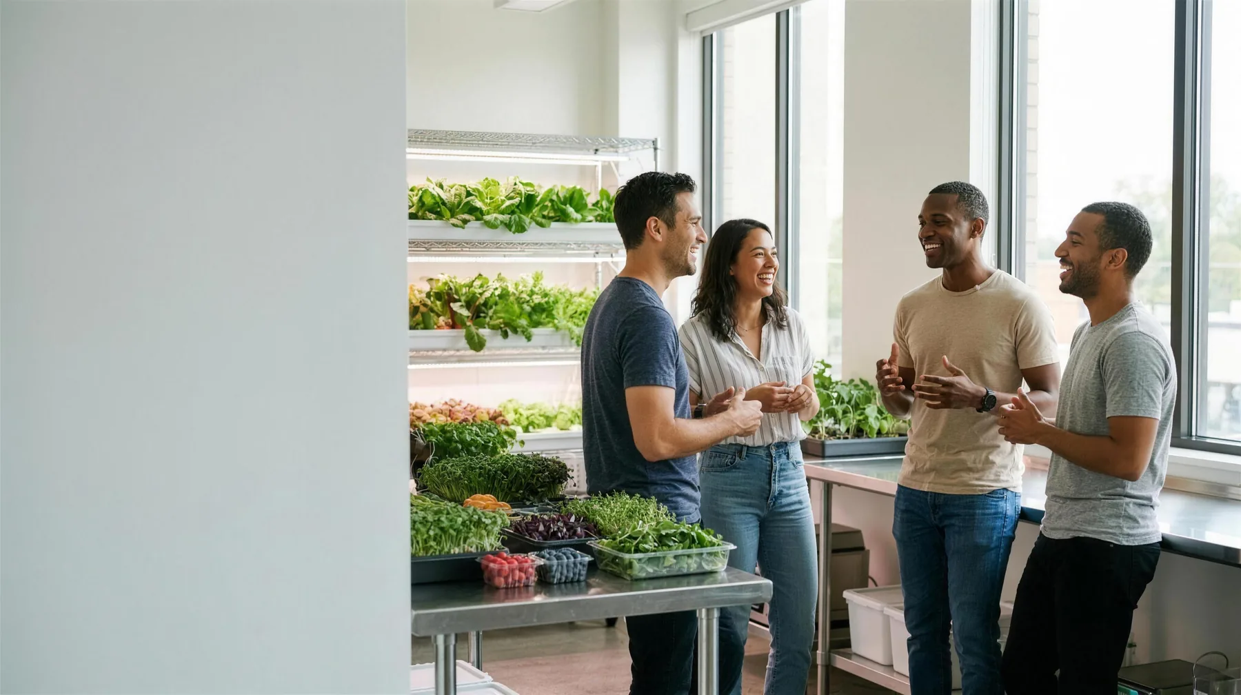Founders and investors talking beside vertical-farming racks and trays of fresh produce in an agrifood innovation lab